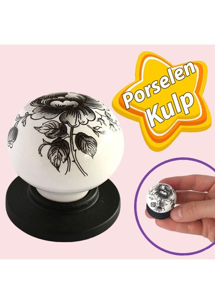 Erguvan Gerçek Porselen Düğme Siyah-Beyaz Çekmece Dolap Kapak Kulpu Kulbu Porselen Kulp