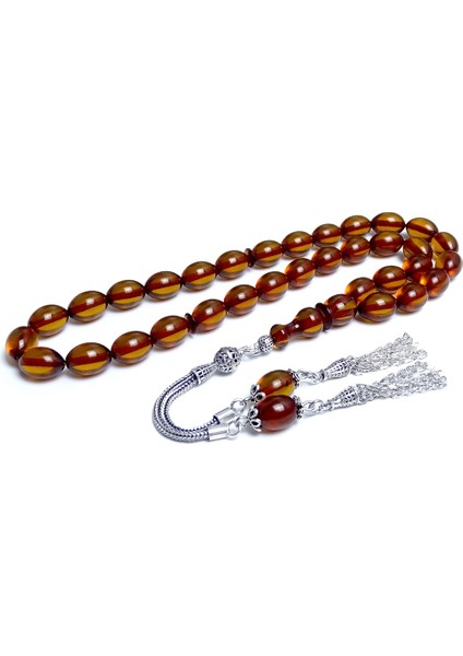 Gümüş Saçaklı Püsküllü Ateş Kehribar Tesbih