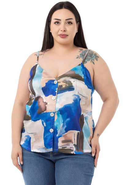 Büyük Beden Ayarlanabilir Ince Askılı Önü Düğmeli Batik Desenli Mavi Bluz