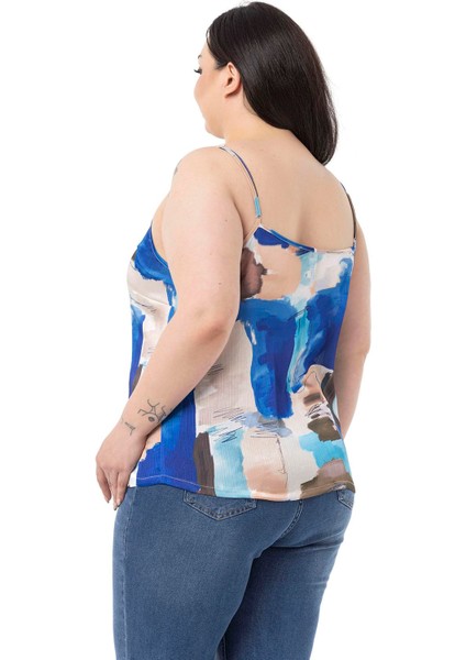 Büyük Beden Ayarlanabilir Ince Askılı Önü Düğmeli Batik Desenli Mavi Bluz modelleri