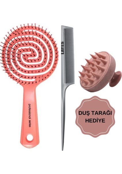 Pembe Pro Üç Boyutlu Tarak Oval Saç Açıcı Fırça + Krepe Tarak + Pembe Duş Tarağı