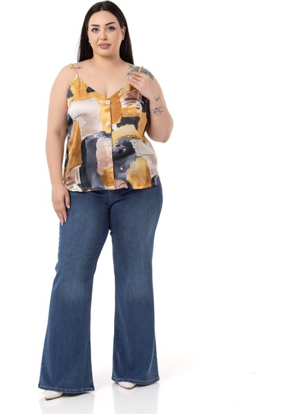 Büyük Beden Ayarlanabilir Ince Askılı Önü Düğmeli Batik Desenli Hardal Bluz fiyatları