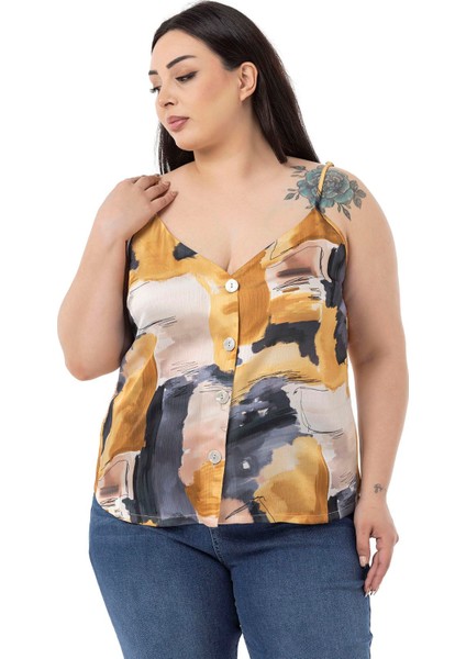 Büyük Beden Ayarlanabilir Ince Askılı Önü Düğmeli Batik Desenli Hardal Bluz fırsatları