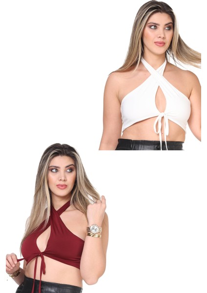 Esnek Rahat Boyundan Bağlamalı 2 Adet Crop Top