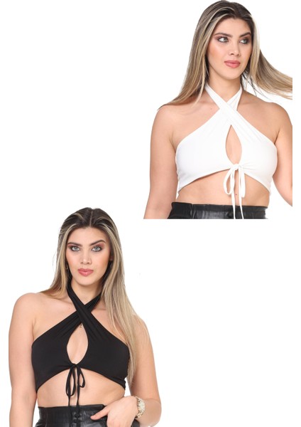 Esnek Rahat Boyundan Bağlamalı 2 Adet Crop Top
