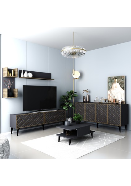 Vita Tv Ünitesi,konsol ve Orta Sehpa 3'lü Salon Takımı Antrasit- (Ceviz Desen)