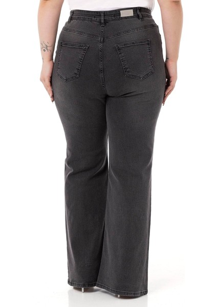 Büyük Beden Önü Kraşlı Yüksek Bel Ispanyol Paça Antrasit Denim Pantolon