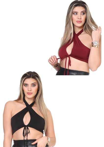 Esnek Rahat Boyundan Bağlamalı 2 Adet Crop Top
