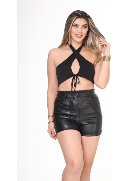Esnek Rahat Boyundan Bağlamalı 2 Adet Crop Top
