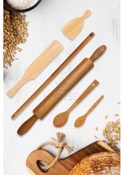 Zambak Serisi Ahşap Hamur Açma Oklavası Merdanesi Ağaç Kaşık ve Börek Seti 6 Lı Set Echo9