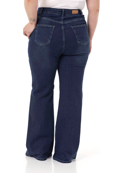 Büyük Beden Önü Kraşlı Yüksek Bel Ispanyol Paça Lacivert Denim Pantolon modelleri