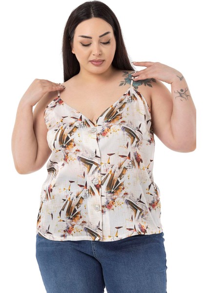 Büyük Beden Ayarlanabilir Ince Askılı Önü Düğmeli Çiçek Desenli Kiremit Rengi Bluz
