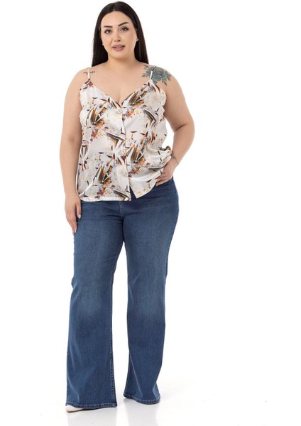 Büyük Beden Ayarlanabilir Ince Askılı Önü Düğmeli Çiçek Desenli Kiremit Rengi Bluz fiyatları