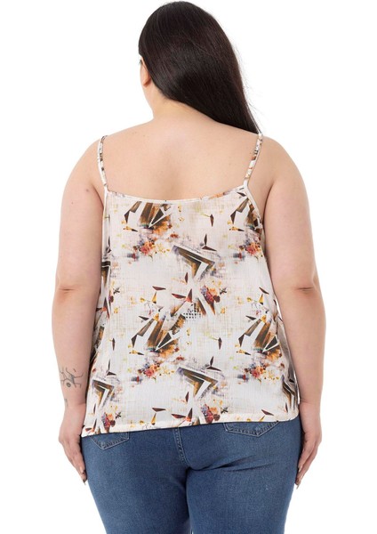 Büyük Beden Ayarlanabilir Ince Askılı Önü Düğmeli Çiçek Desenli Kiremit Rengi Bluz modelleri