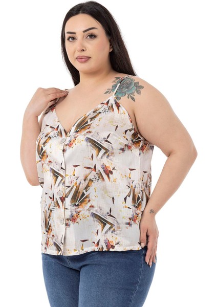 Büyük Beden Ayarlanabilir Ince Askılı Önü Düğmeli Çiçek Desenli Kiremit Rengi Bluz fırsatları