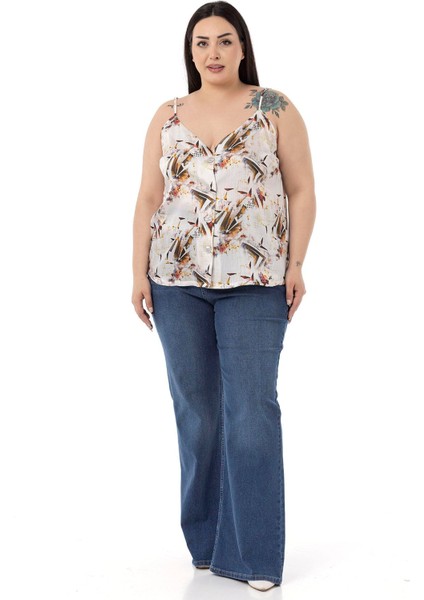 Büyük Beden Ayarlanabilir Ince Askılı Önü Düğmeli Çiçek Desenli Kiremit Rengi Bluz indirimleri