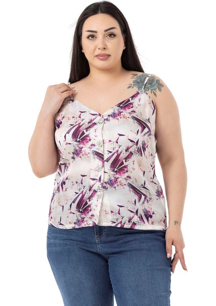 Büyük Beden Ayarlanabilir Ince Askılı Önü Düğmeli Çiçek Desenli Mor Bluz