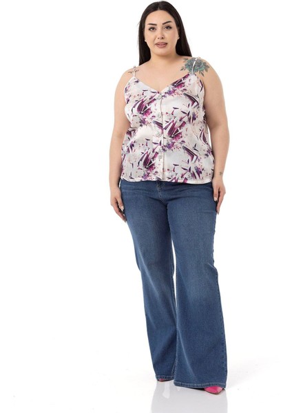 Büyük Beden Ayarlanabilir Ince Askılı Önü Düğmeli Çiçek Desenli Mor Bluz fiyatları