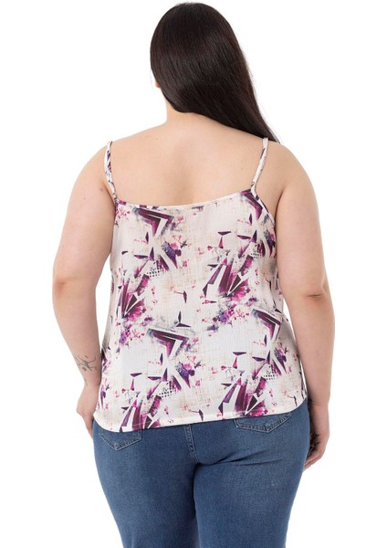 Büyük Beden Ayarlanabilir Ince Askılı Önü Düğmeli Çiçek Desenli Mor Bluz modelleri