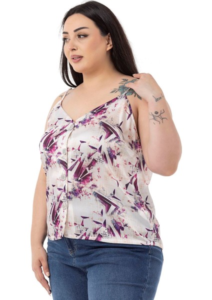 Büyük Beden Ayarlanabilir Ince Askılı Önü Düğmeli Çiçek Desenli Mor Bluz fırsatları