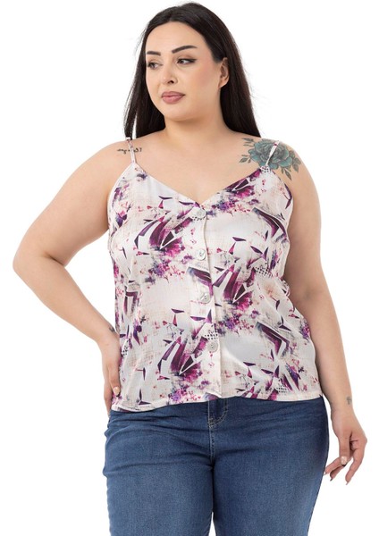 Büyük Beden Ayarlanabilir Ince Askılı Önü Düğmeli Çiçek Desenli Mor Bluz indirimleri