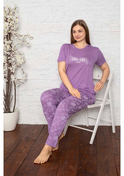 Lila Çiçekli Düğmesiz Yuvarlak Yaka Geniş Battal Beden Viskon Cepli Büyük Beden Pijama Takımı