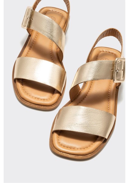 Gold Deri Kadın Düz Sandalet modelleri