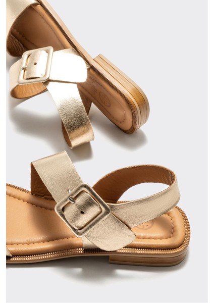 Gold Deri Kadın Düz Sandalet fırsatları