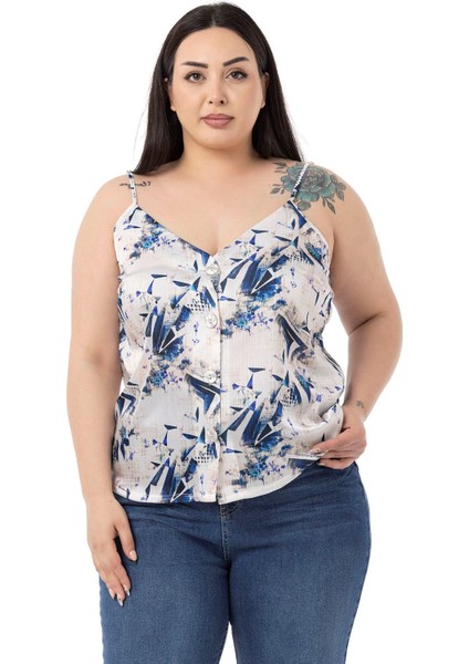 Büyük Beden Ayarlanabilir Ince Askılı Önü Düğmeli Çiçek Desenli Lacivert Bluz