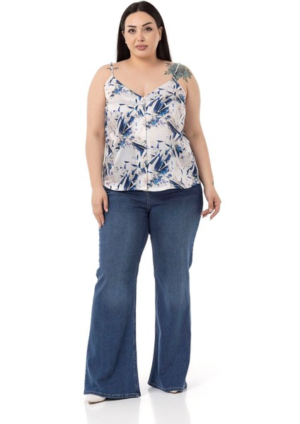 Büyük Beden Ayarlanabilir Ince Askılı Önü Düğmeli Çiçek Desenli Lacivert Bluz fiyatları