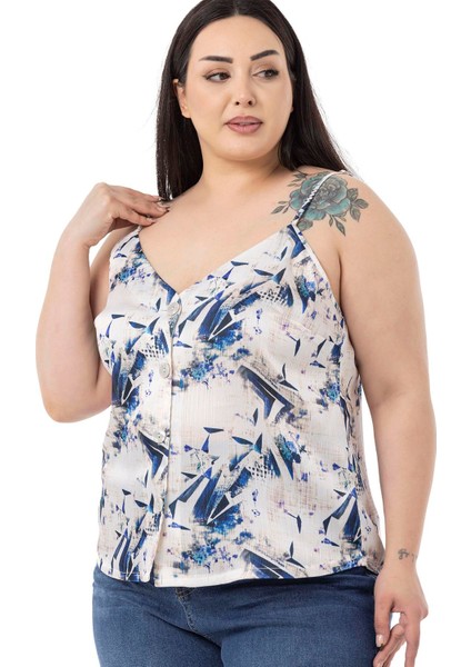 Büyük Beden Ayarlanabilir Ince Askılı Önü Düğmeli Çiçek Desenli Lacivert Bluz fırsatları