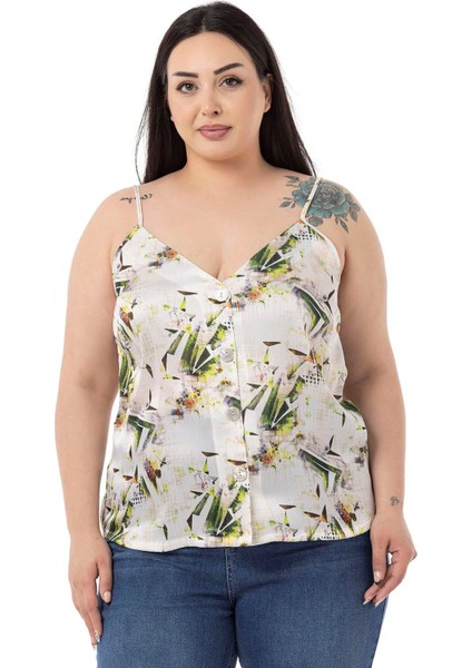 Büyük Beden Ayarlanabilir Ince Askılı Önü Düğmeli Çiçek Desenli Yeşil Bluz