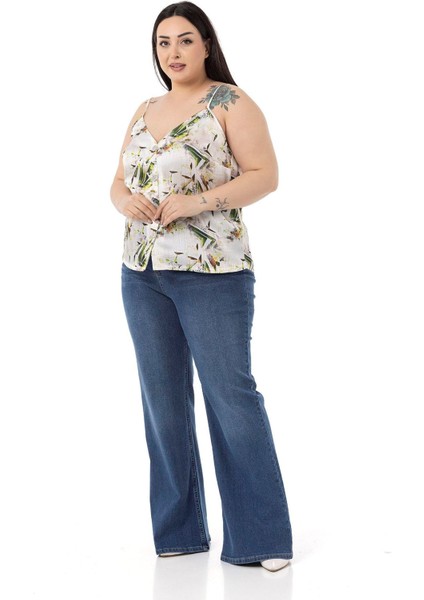 Büyük Beden Ayarlanabilir Ince Askılı Önü Düğmeli Çiçek Desenli Yeşil Bluz indirimleri