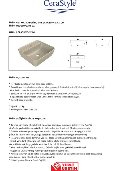Mat Kapuçino One 46X42 cm Lavabo ( Batarya Delikli ) modelleri