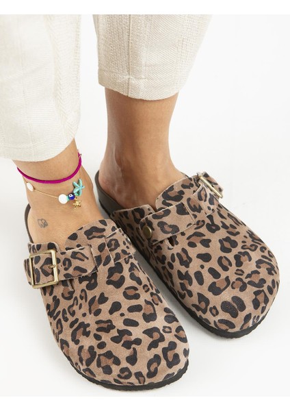 Zeta Leopar Kadın Deri Deri Kemerli Tokalı Sabo Vizon Terlik fiyatları