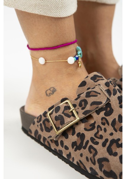 Zeta Leopar Kadın Deri Deri Kemerli Tokalı Sabo Vizon Terlik modelleri