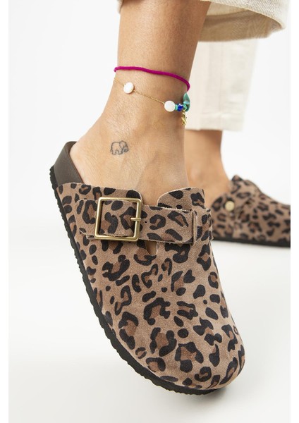 Zeta Leopar Kadın Deri Deri Kemerli Tokalı Sabo Vizon Terlik fırsatları