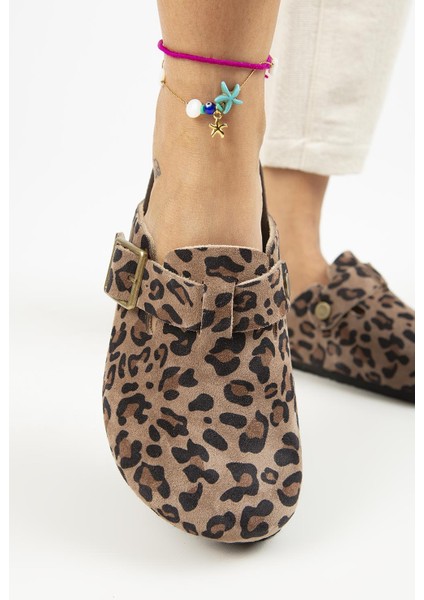 Zeta Leopar Kadın Deri Deri Kemerli Tokalı Sabo Vizon Terlik indirimleri