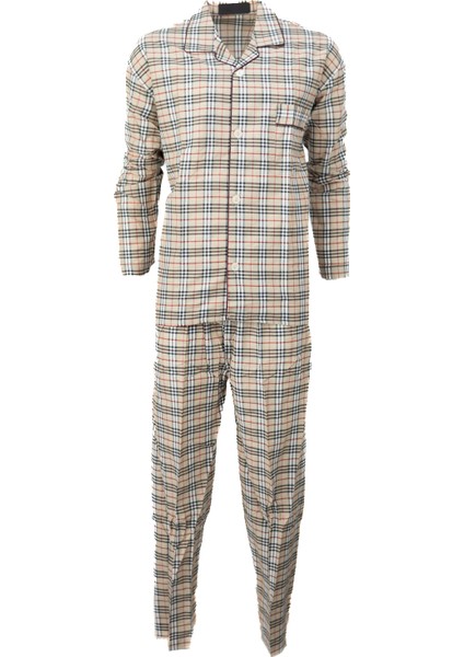 Erkek Klasik Model Pijama Takımı Ipeksi Kumaş Gömlek Yaka Desenli Cepli Tam Kalıp