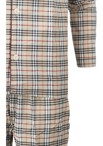 Erkek Klasik Model Pijama Takımı Ipeksi Kumaş Gömlek Yaka Desenli Cepli Tam Kalıp