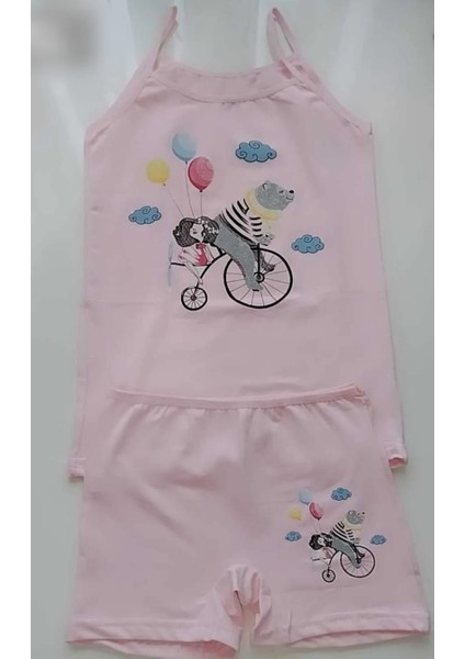 Kız Çocuk 5'li Resimli Atlet & Boxer Takım Açık Sarı -Beyaz -Su Yeşili - Pembe - Lila