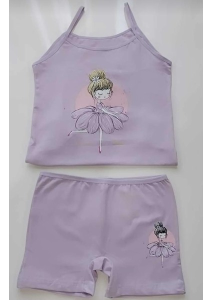 Kız Çocuk 5'li Resimli Atlet & Boxer Takım Açık Sarı -Beyaz -Su Yeşili - Pembe - Lila