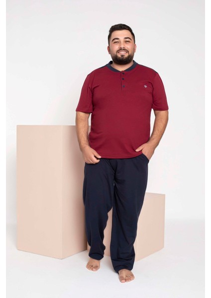 Erkek Büyük Beden 3 Düğme Pamuk Kısa Kol Cepli Pijama Takımı