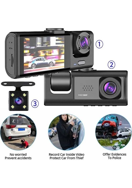 DV300 Yeni 3 Kameralı Araç Içi Kayıt Kamerası Trafik Recorder 2 Inç IPS Ekran Full Hd 1080P