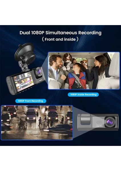 DV300 Yeni 3 Kameralı Araç Içi Kayıt Kamerası Trafik Recorder 2 Inç IPS Ekran Full Hd 1080P