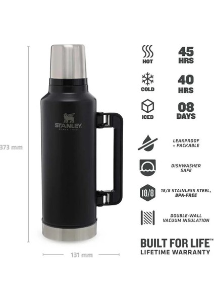 Klasik Vakumlu Paslanmaz Çelik Termos 1.9 Lt - Matte Black Pebble