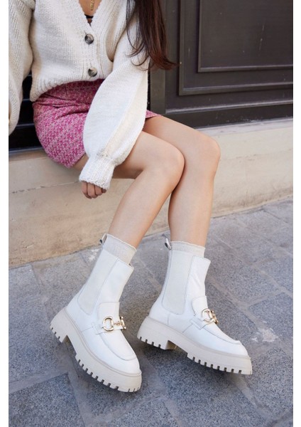 Mickey Bej Hakiki Deri Kalın Tabanlı Kadın Bot