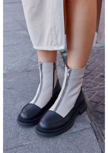 Mara Bej Hakiki Deri Fermuar Aksesuarlı Kadın Bot