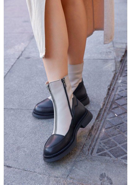 Mara Bej Hakiki Deri Fermuar Aksesuarlı Kadın Bot fiyatları