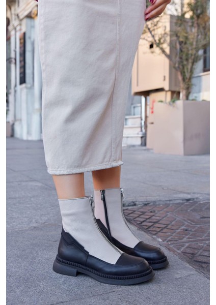 Mara Bej Hakiki Deri Fermuar Aksesuarlı Kadın Bot fırsatları